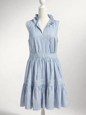 Gretchen Scott Blue & White Striped Ruffle Collar Dress, size S